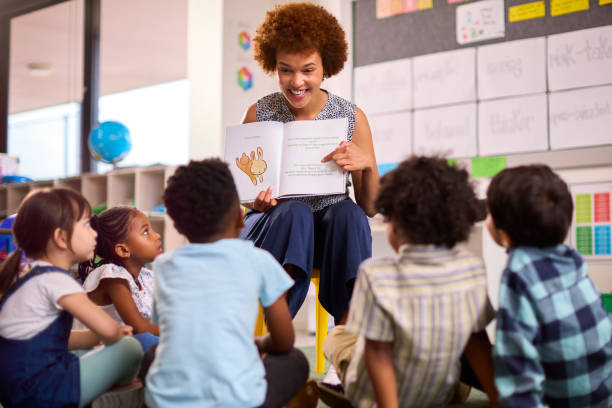Adult reading to a group of children