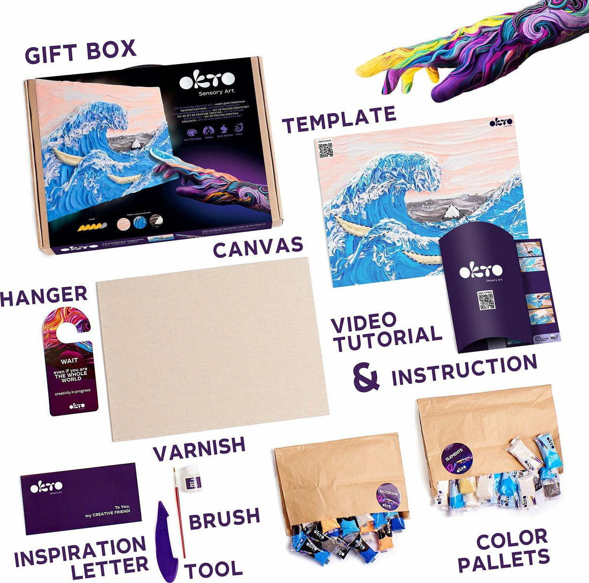 OKTO Sensory Art 3D Painting "The Great Wave off Kanagawa" – 11.8" x 15.7" Canvas Kit