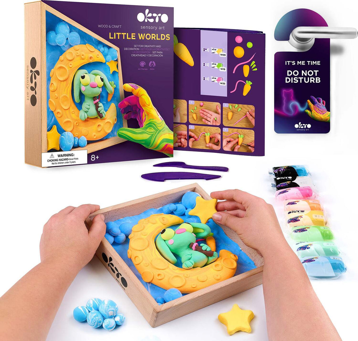OKTO Little Worlds - Bunny on the Moon - Foam Air‑Dry Clay Wooden Art Kit (8.3" Square) - Ages 8+