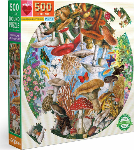 Mushrooms and Butterflies 500 Piece Round Puzzle